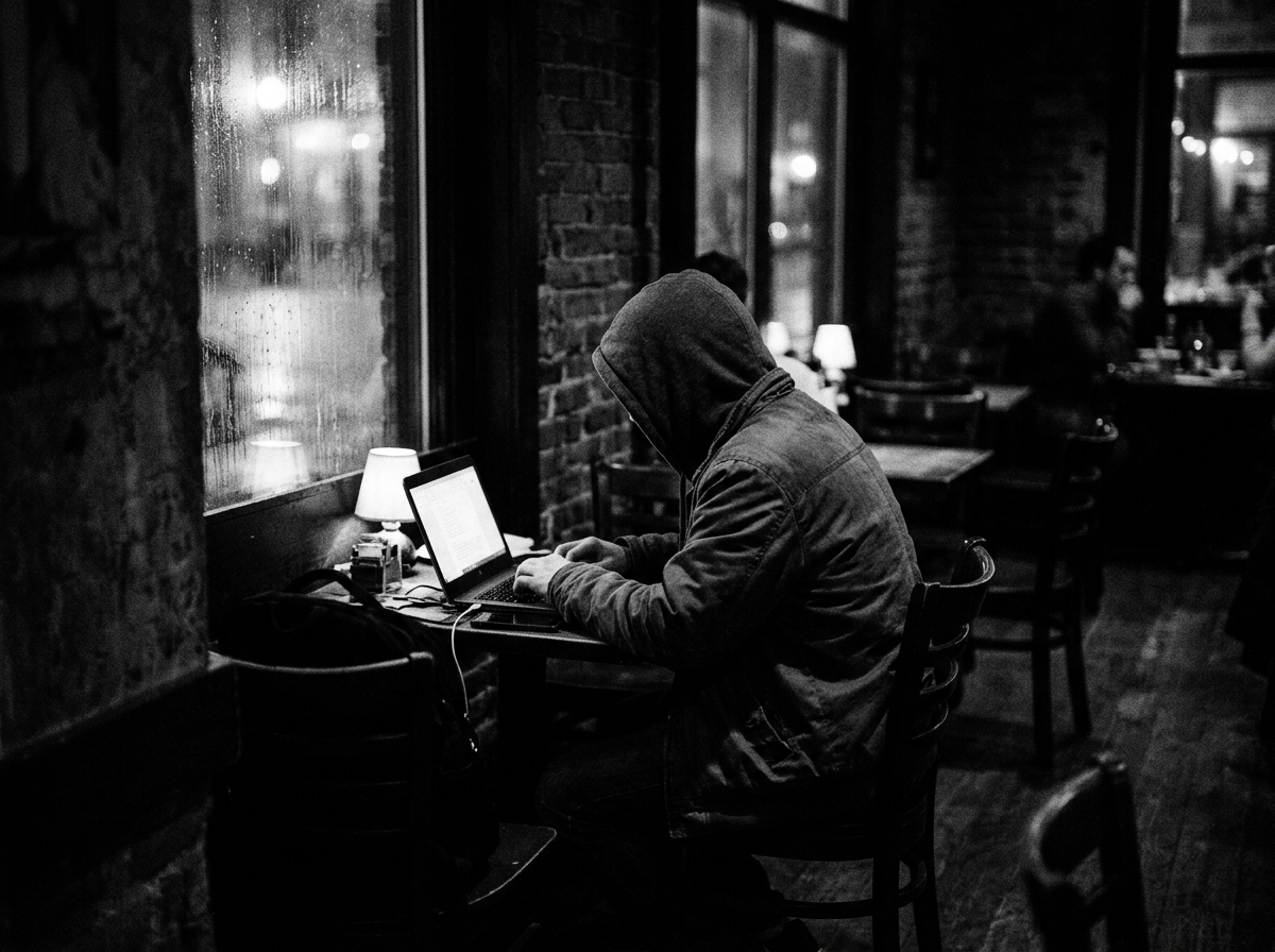 Anonymous hooded figure at laptop in dim cafe