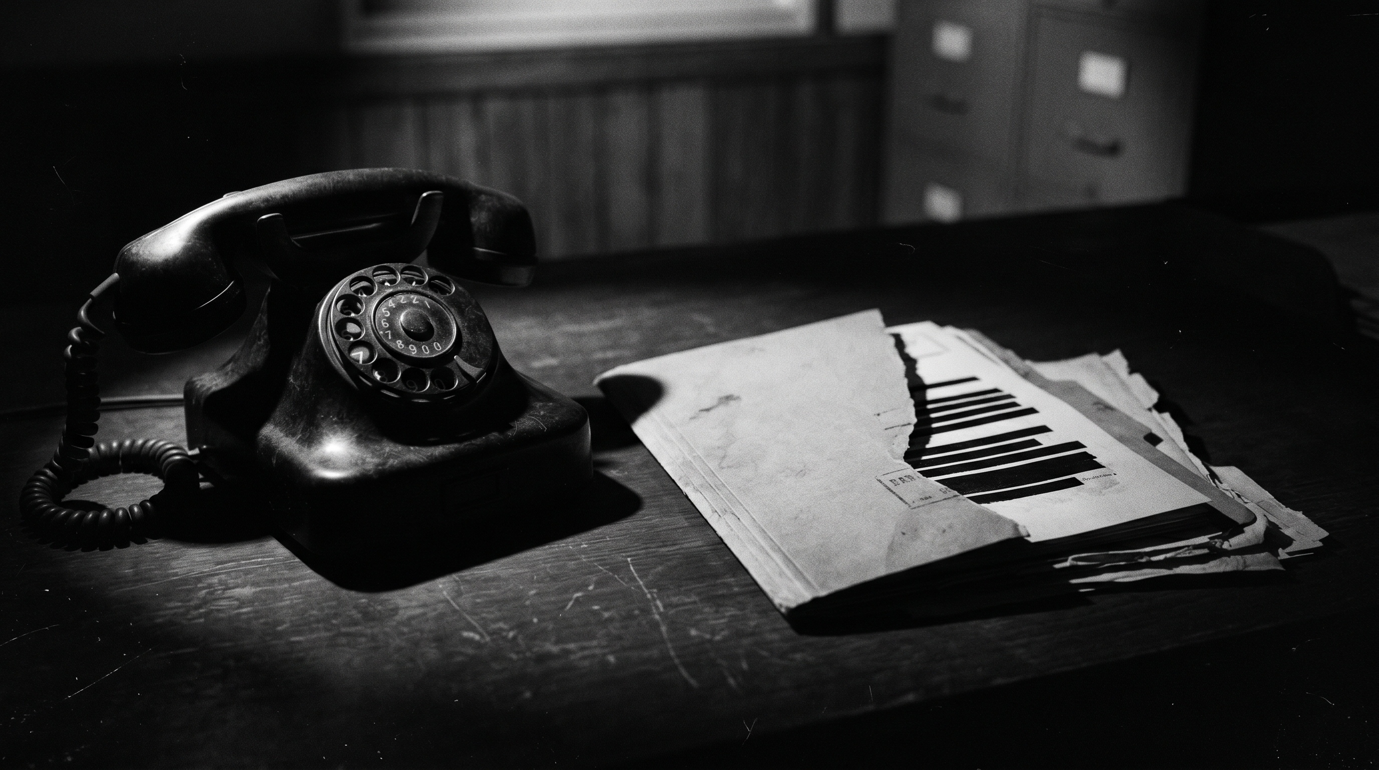 Editorial photograph of a vintage rotary phone in shadow beside an open manila case file with redacted documents